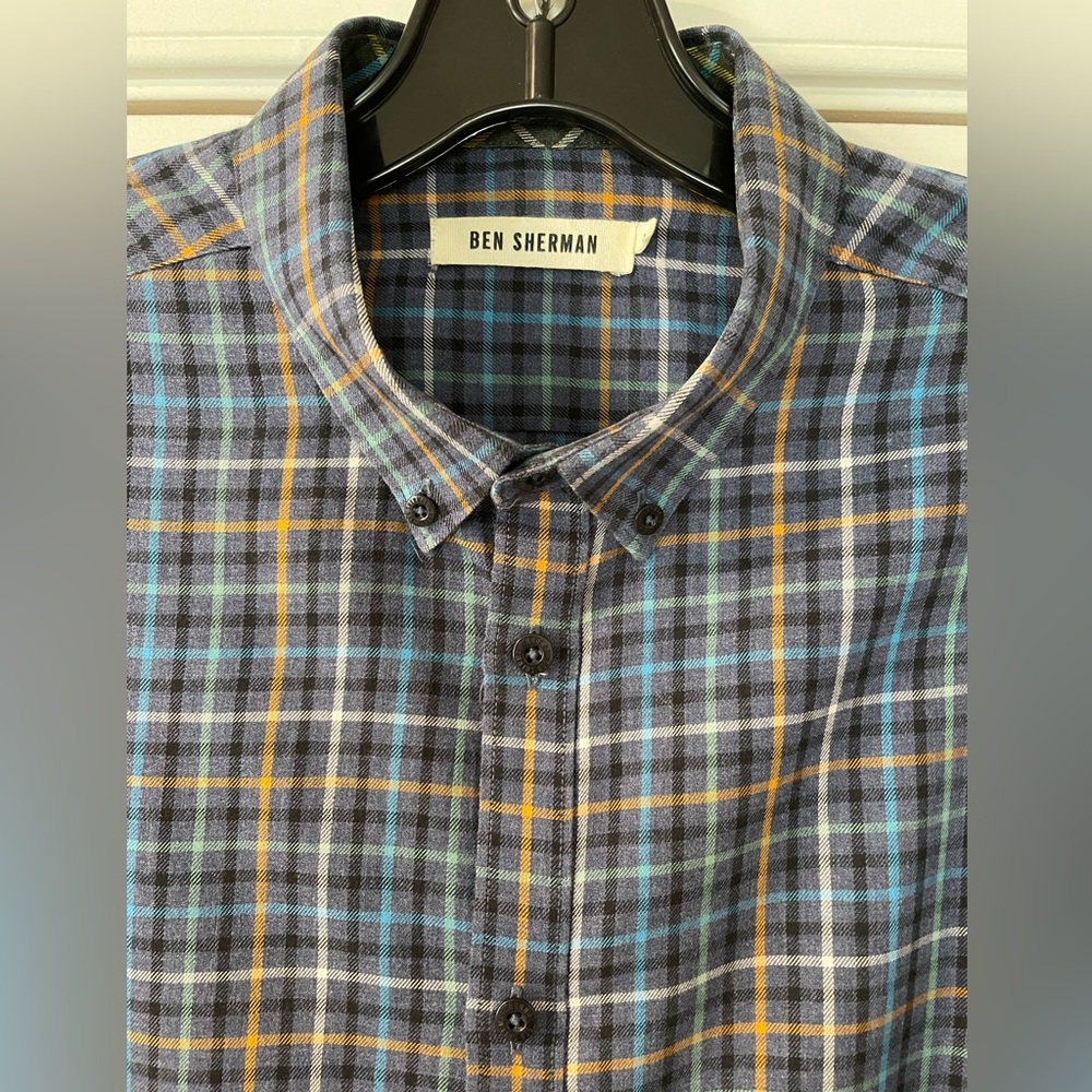 Ben Sherman Multicolor Plaid Casual Shirt Gray w Blue Green Orange Stripes Large